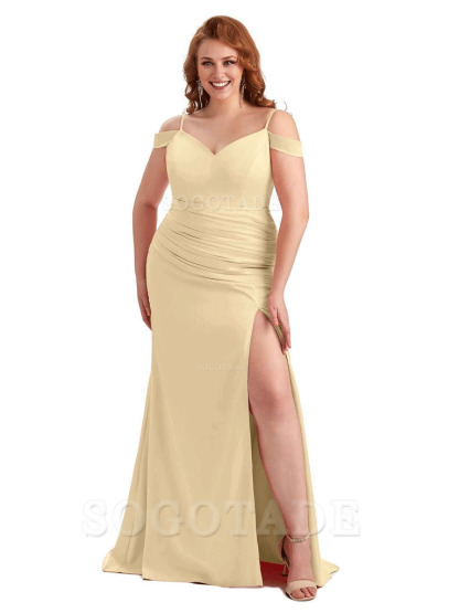 Sexy Side Slit Mermaid Cold Shoulder Soft Satin Long Plus Size Bridesmaid Dresses Online