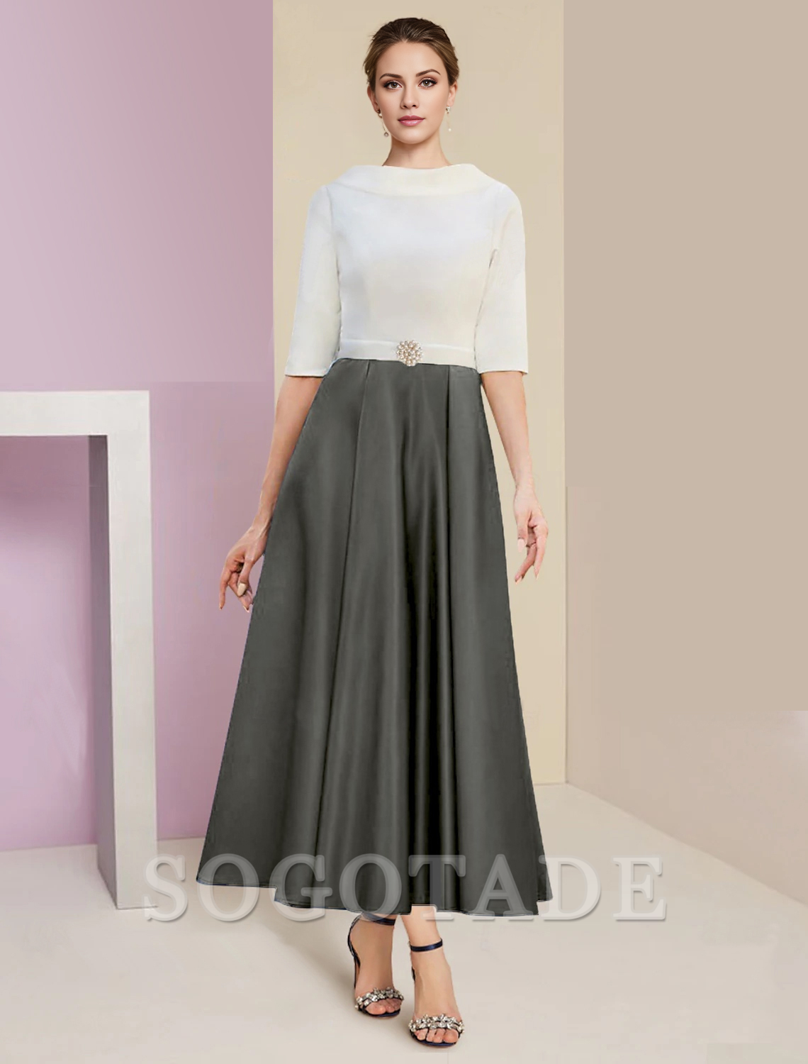 A-Line Mother of the Bride Dress Wedding Guest Elegant Vintage Jewel Neck Tea Length Charmeuse Half Sleeve with Pleats Crystals