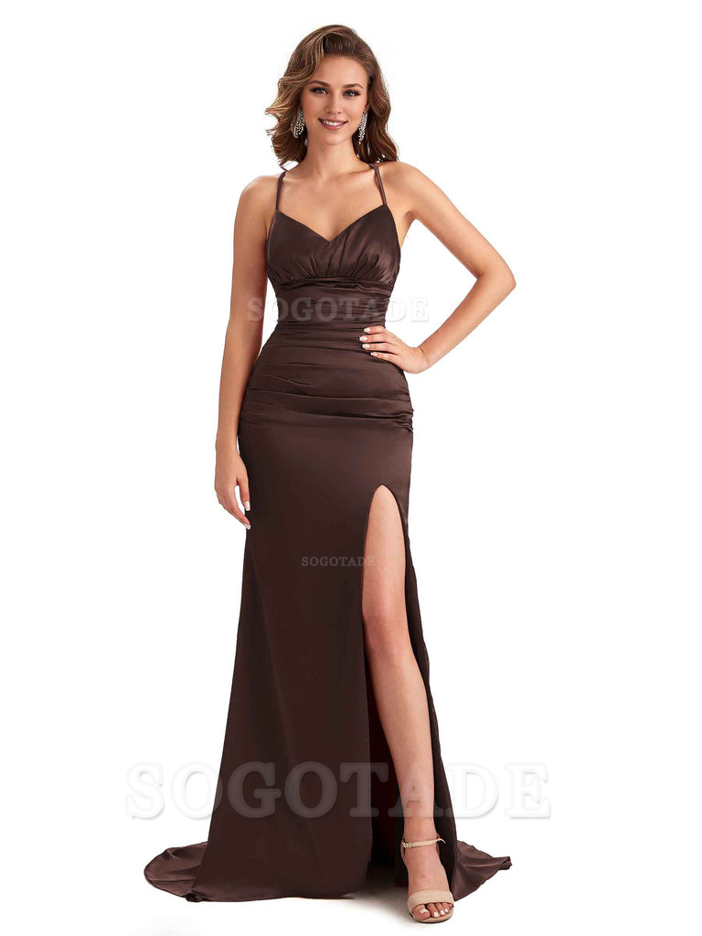 Sexy Mermaid Silky Satin Side Slit One Shoulder Unique Long Wedding Guest Dresses