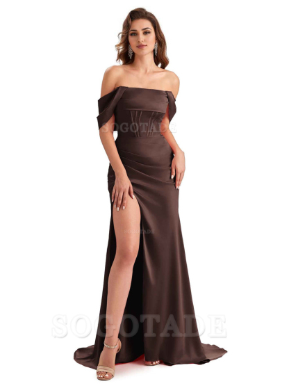 Sexy Side Slit Mermaid Soft Satin Off The Shoulder Unique Long Wedding Attendee Dresses