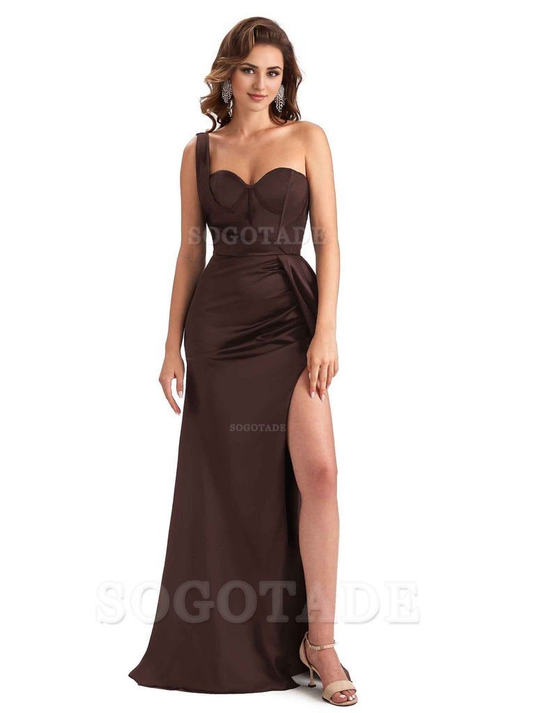 Sexy Mermaid Silky Satin Side Slit One Shoulder Unique Long Wedding Guest Dresses
