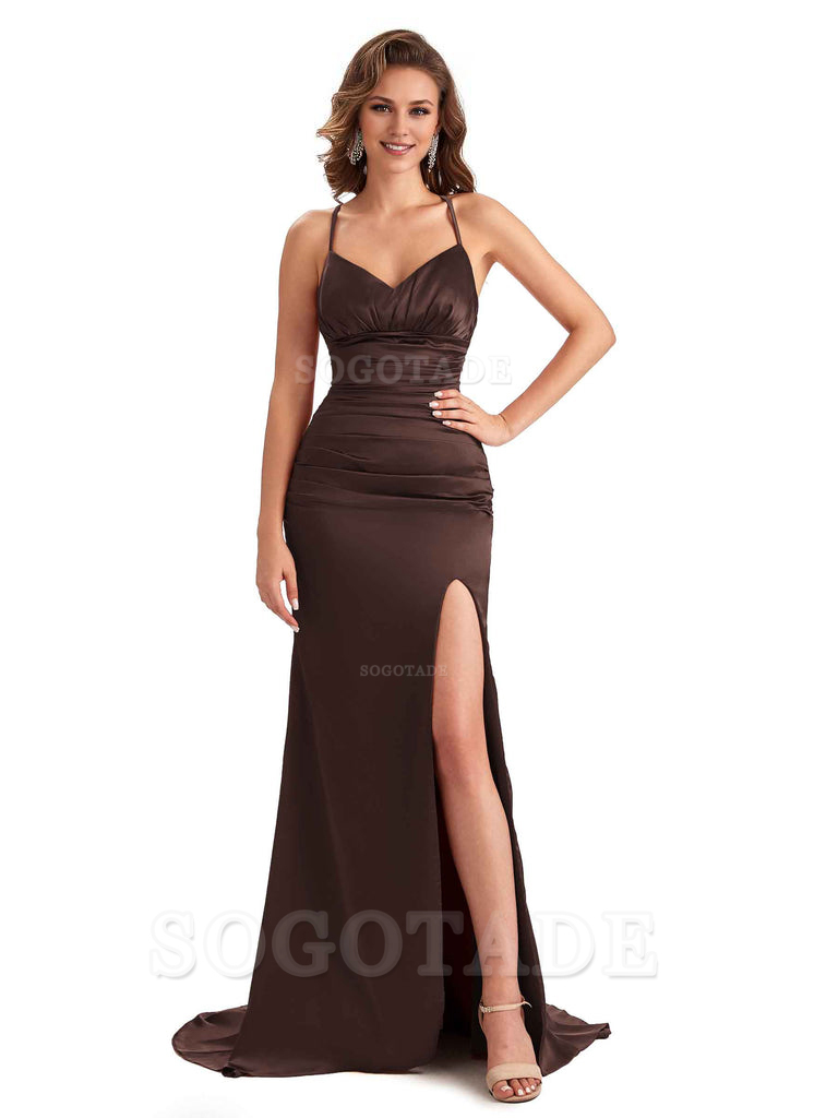 Sexy Mermaid Silky Satin Side Slit One Shoulder Unique Long Wedding Guest Dresses