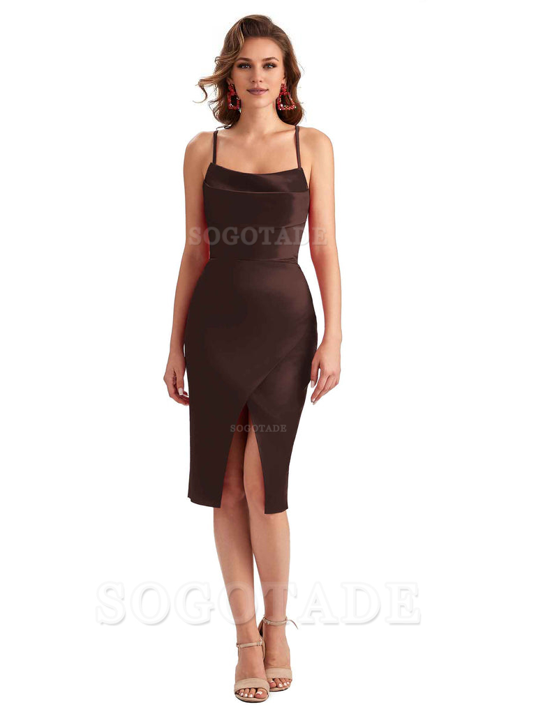 Elegant Spaghetti Straps Mermaid Soft Satin Knee Length Short Bridesmaid Dresses