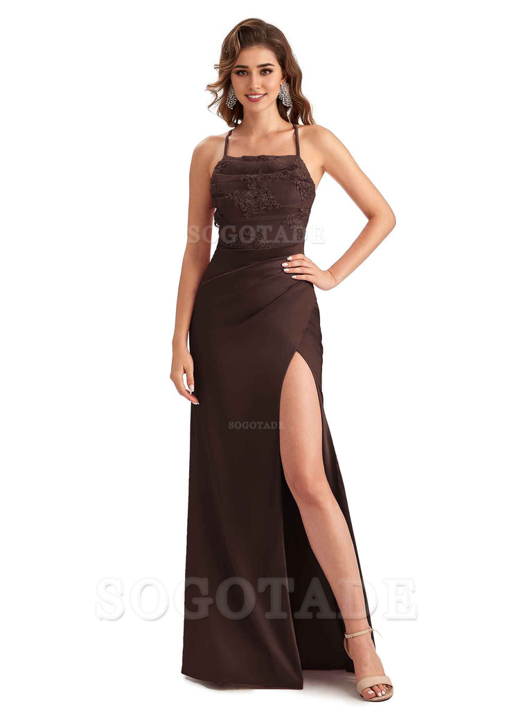 Sexy Side Slit Mermaid Lace Silky Satin Long Wedding Day Guest Dresses