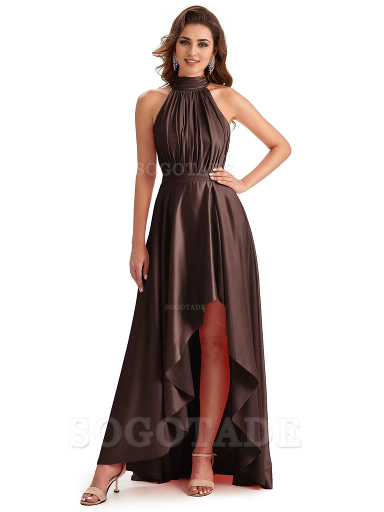 Soft Satin High Neck High Low A-Line Unique Bridesmaid Dresses Online