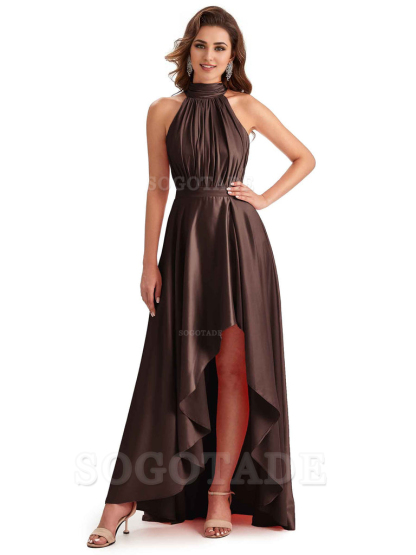 Soft Satin High Neck High Low A-Line Unique Bridesmaid Dresses Online
