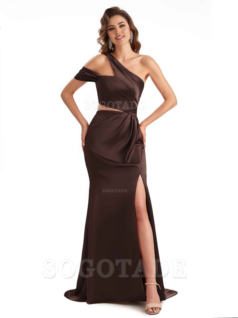 Sexy Side Slit Mermaid Soft Satin One Shoulder Long Unique Bridesmaid Dresses