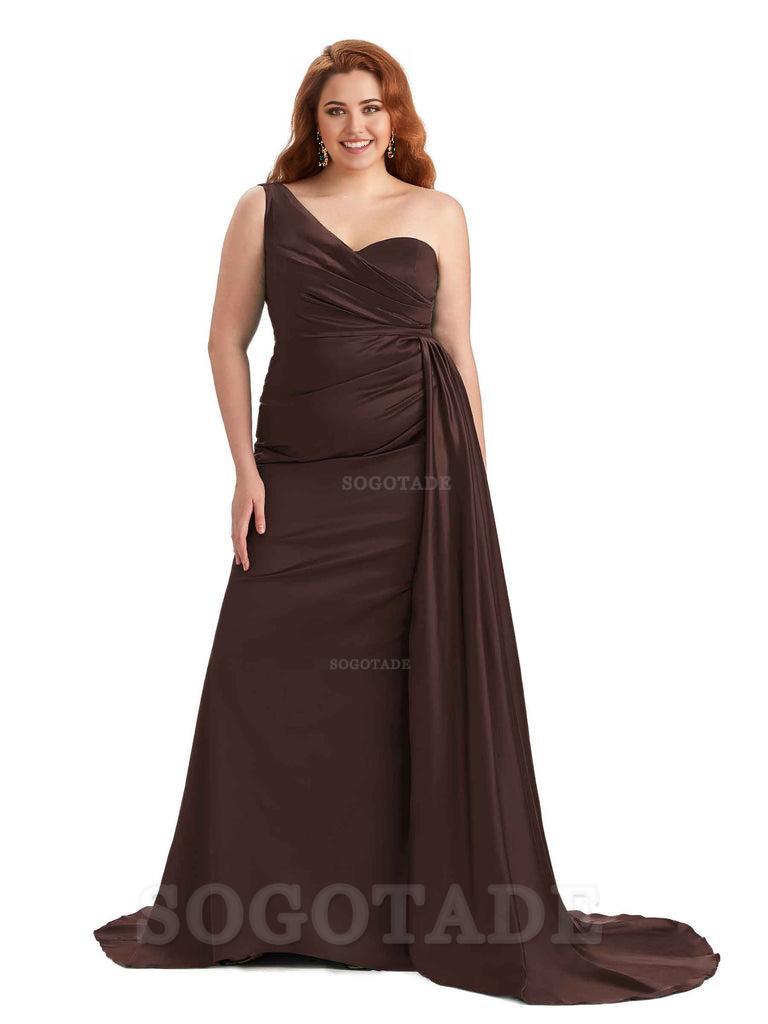 Sexy One Shoulder Sleeveless Mermaid Soft Satin Long Plus Size With Train Bridesmaid Gowns