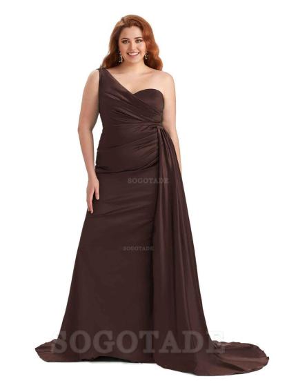 Sexy One Shoulder Sleeveless Mermaid Soft Satin Long Plus Size With Train Bridesmaid Gowns