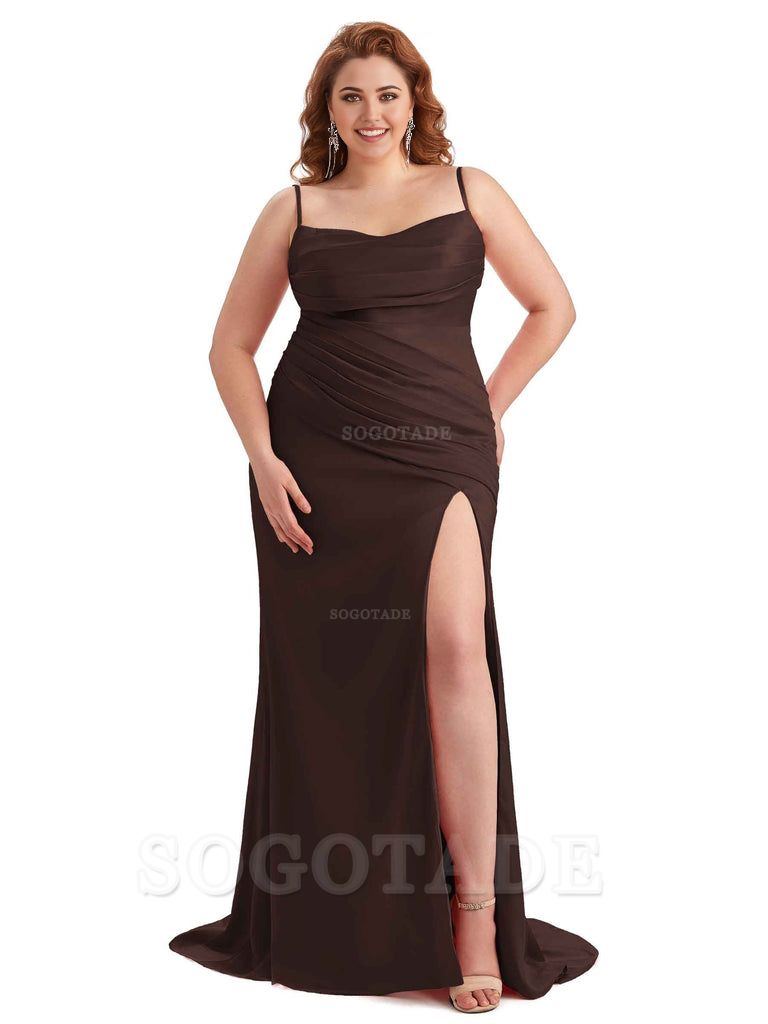 Sexy Side Slit Spaghetti Straps Mermaid Soft Satin Long Plus Size Bridesmaid Dress For Wedding