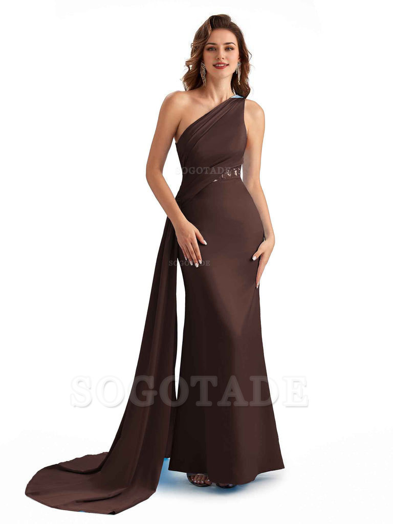 Sexy Mermaid Silky Satin One Shoulder Lace See Through Long Bridesmaid Dresses Online