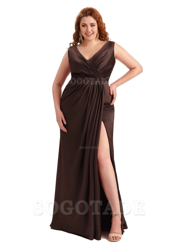 Mermaid V-Neck Satin formal dresses evening gown Bridesmaid Dresses With Side Slit 