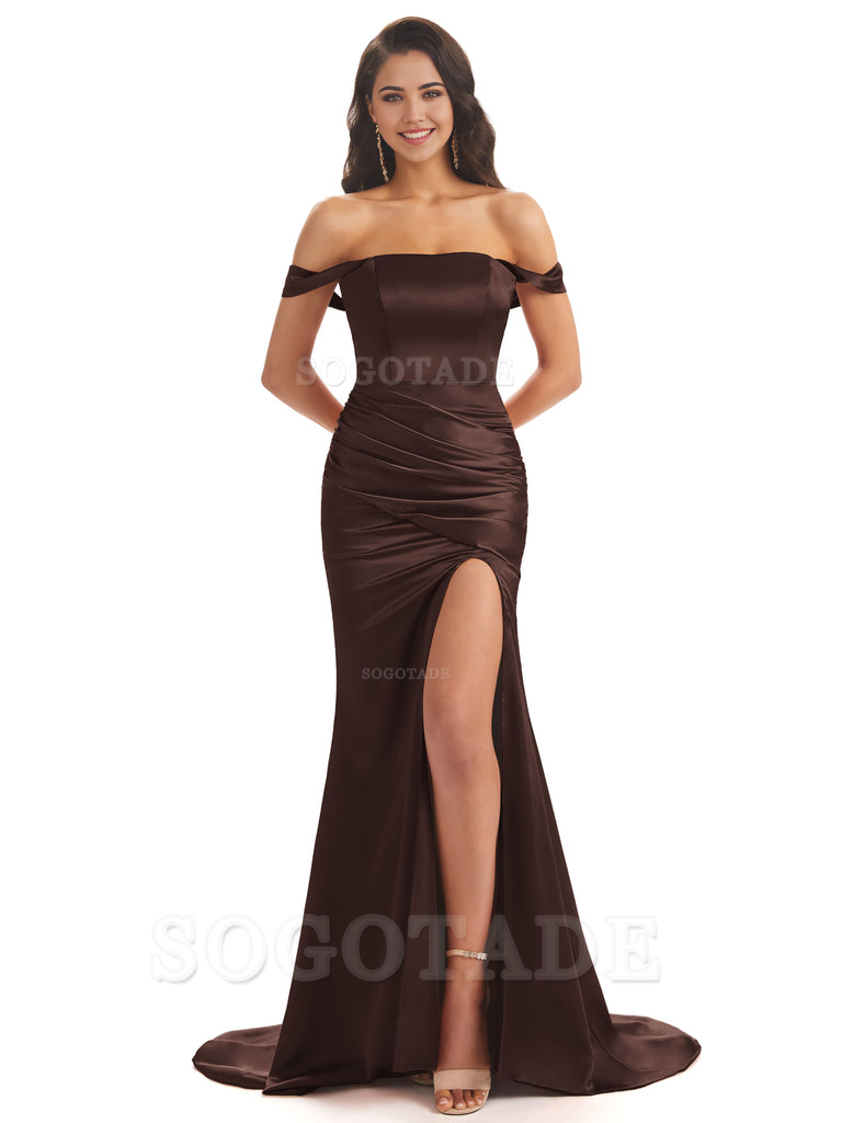 Mermaid Off Shoulder Floor-Length Satin formal dresses evening gown Bridesmaid Dresses With Side Slit 
