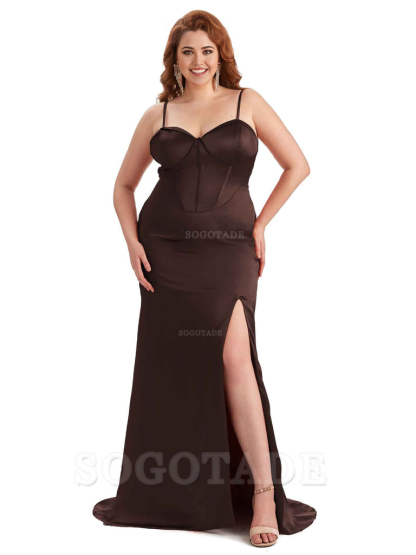 Sexy Spaghetti Straps Side Slit Sleeveless Mermaid Soft Satin Long Bridesmaid Dress Plus Size Dress To Wear to a Wedding