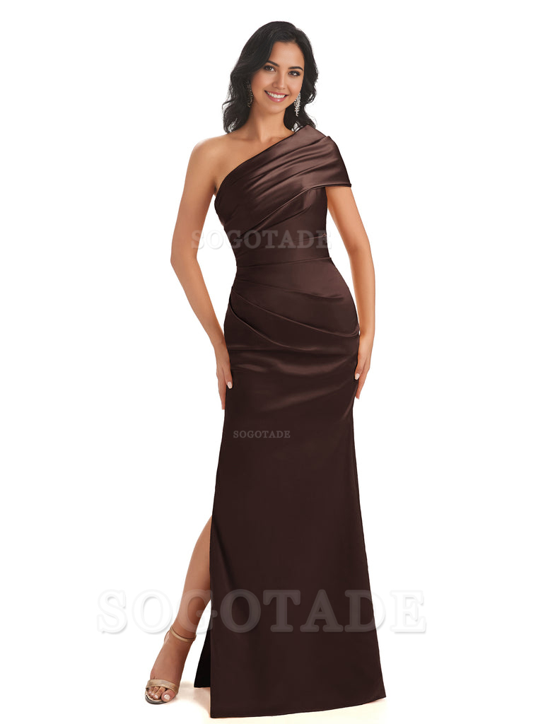 Mermaid One Shoulder Satin Long formal dresses evening gown Bridesmaid Dresses With Side Slit 