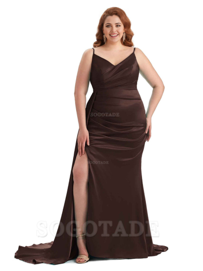 Sexy Side Slit Mermaid Spaghetti Straps V Neck Soft Satin Long Plus Size Maid of Honor Dresses 
