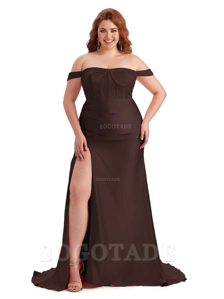 Elegant Off The Shoulder Side Slit Mermaid Soft Satin Floor Length Long Plus Size Bridesmaid Gowns