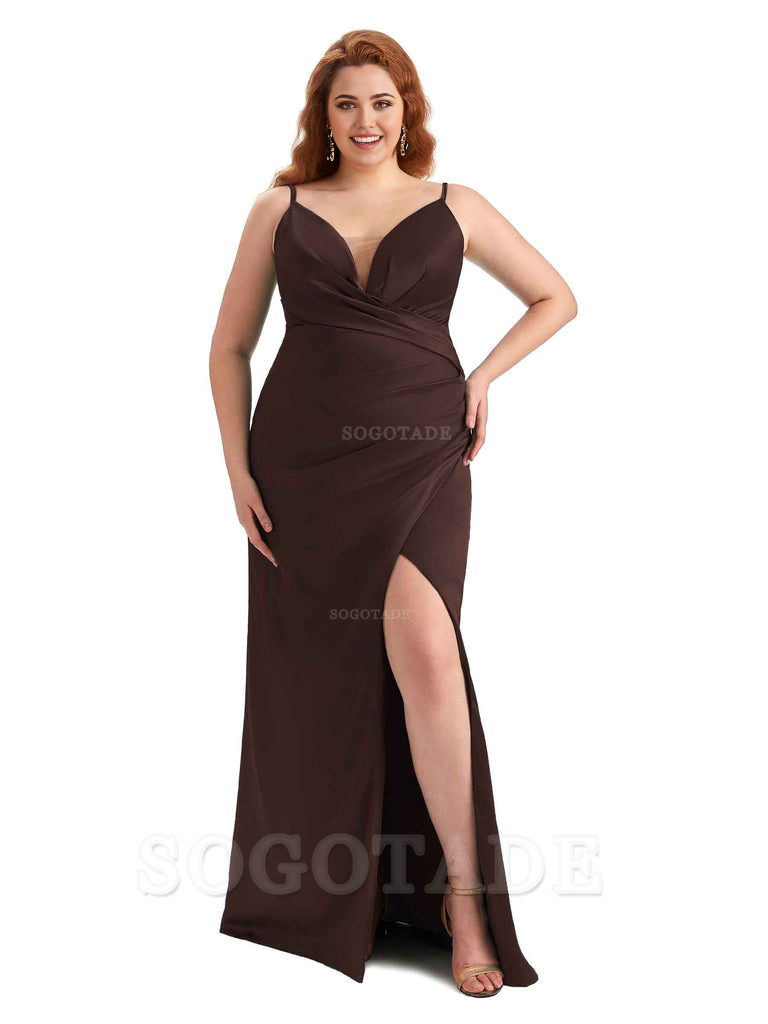 Sexy Side Slit Spaghetti Straps Sleeveless Mermaid V-neck Soft Satin Long Plus Size Bridesmaid Dress For Wedding