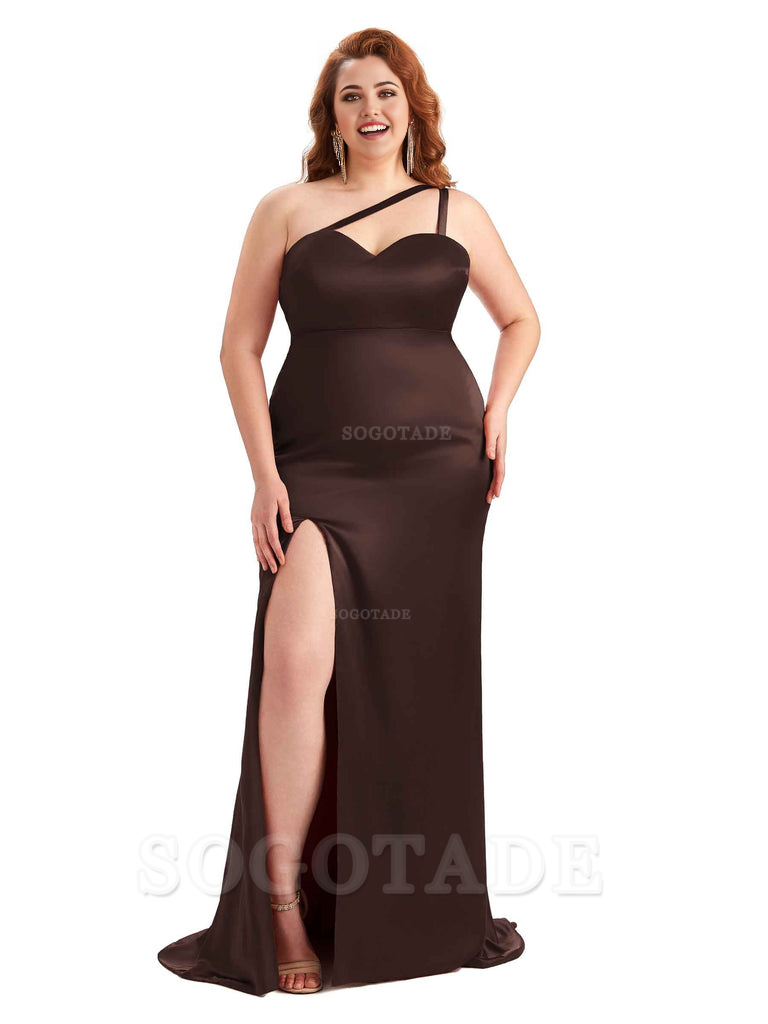 Sexy Side Slit Sleeveless Mermaid One Shoulder Soft Satin Long Plus Size Bridesmaid Dress For Wedding