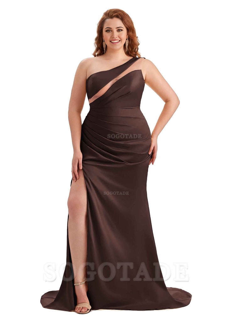 Sexy Unique Sleeveless One Shoulder Side Hight Slit Mermaid Soft Satin Long Plus Size Maid of Honour Dresses