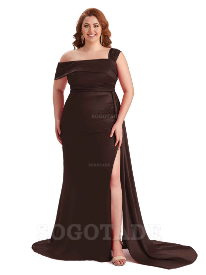 Sexy Side Hight Slit One Shoulder Mermaid Soft Satin Long Plus Size With Train Matron of Honor Dresses