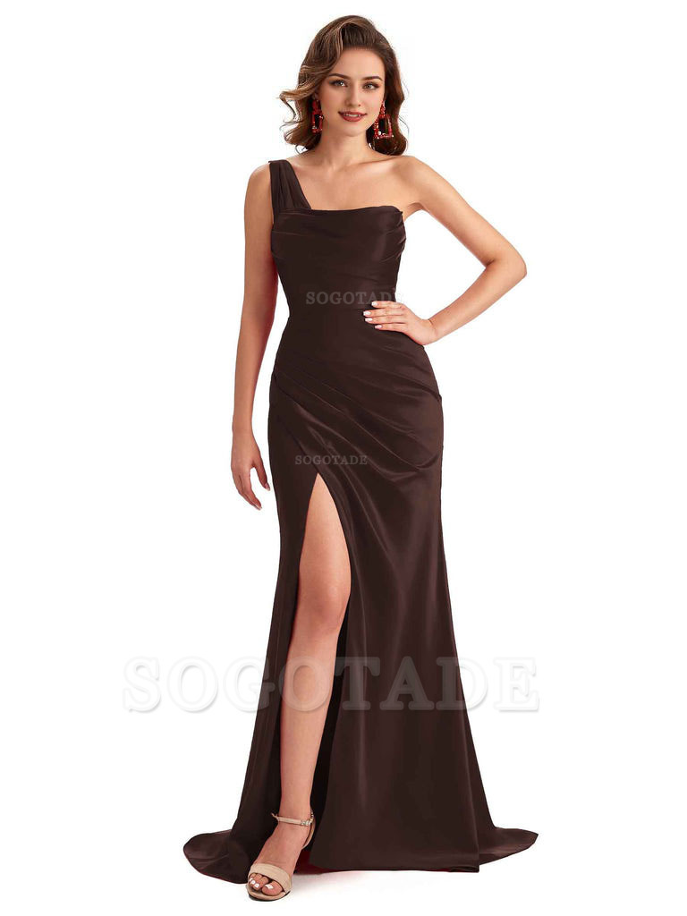 Sexy One Shoulder Side Slit Silky Satin Chic Long Mermaid Trumpet Bridesmaid Dress