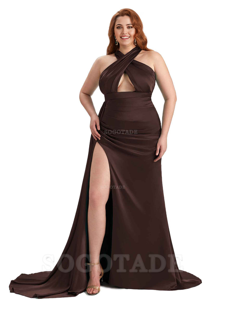 Sexy Halter Side Hight Slit Sleeveless Mermaid Soft Satin Long Plus Size Bridesmaid Dress For Wedding
