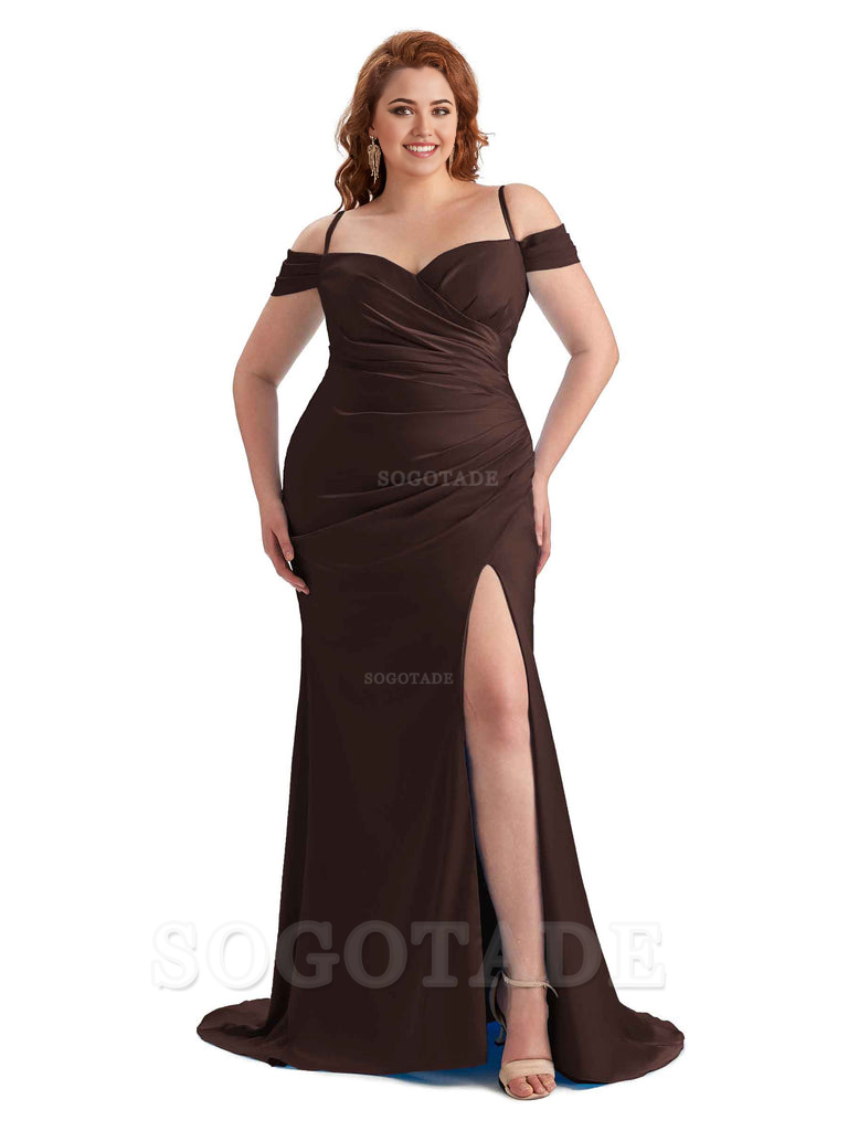 Sexy Side Slit Sleeveless Cold Shoulder Mermaid Soft Satin Long Plus Size Maid of Honor Dresses