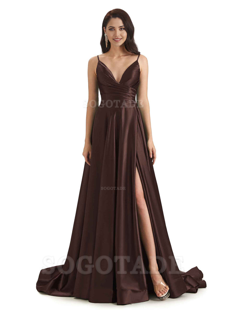 Spaghetti Straps Satin formal dresses evening gown Bridesmaid Dresses With Side Slit 