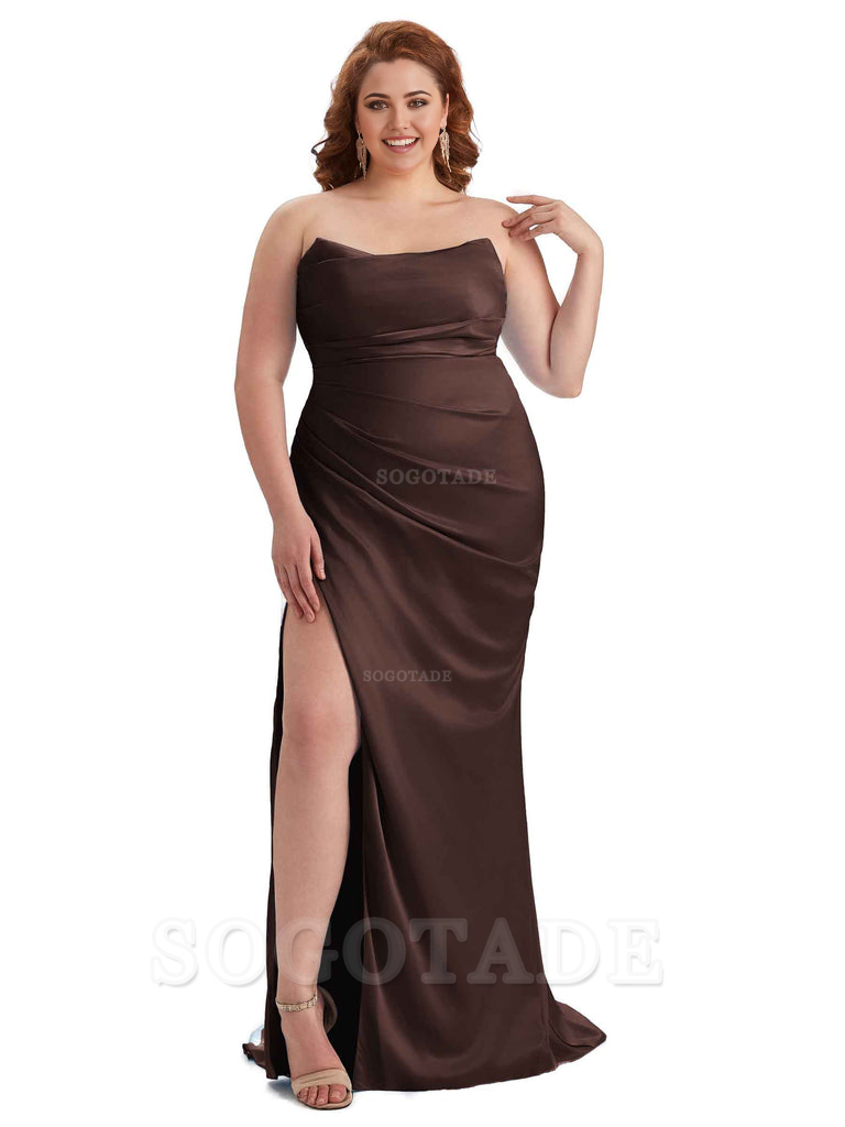 Sexy Side Slit Sleeveless Strapless Mermaid Soft Satin Long Plus Size Bridesmaid Dresses For Wedding