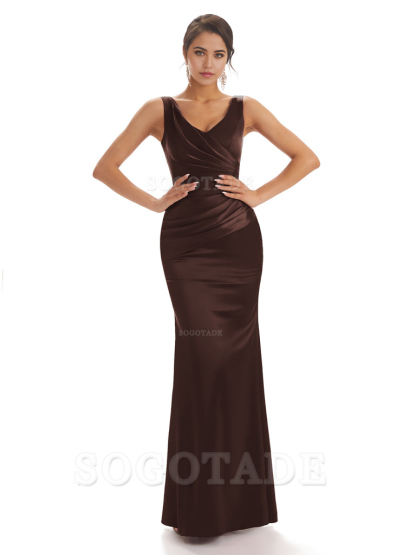Sheath Sleeveless V-neck Floor-Length Satin formal dresses evening gown Bridesmaid Dresses With Pleats 