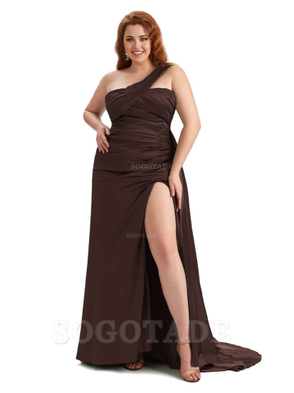  One Shoulder Sleeveless Sexy Side Hight Slit Mermaid Soft Satin Long Plus Size Bridesmaid Gowns
