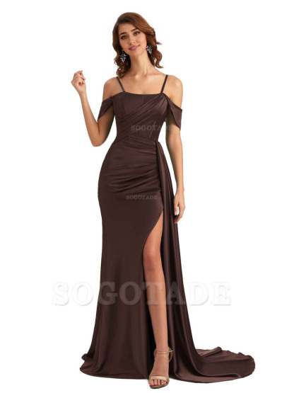 Sexy Side Slit Cold Shoulder Mermaid Satin Chic Long Wedding Guest Dresses
