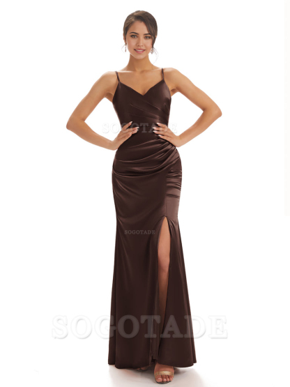Spaghetti Straps Pleats Satin formal dresses evening gown Bridesmaid Dresses With Side Slit 