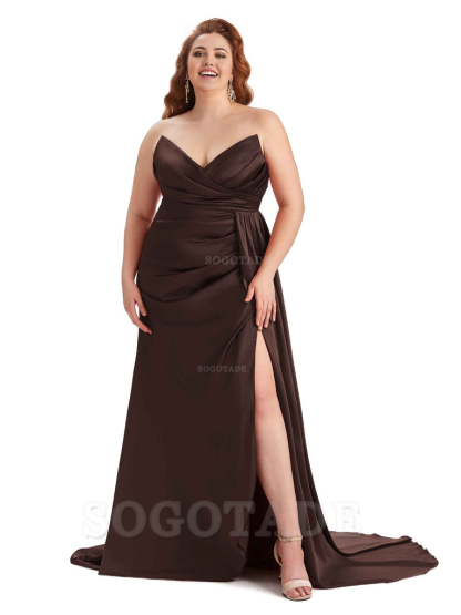 Sexy V-neck Side Slit Sleeveless Mermaid Soft Satin Long Plus Size Bridesmaid Gowns