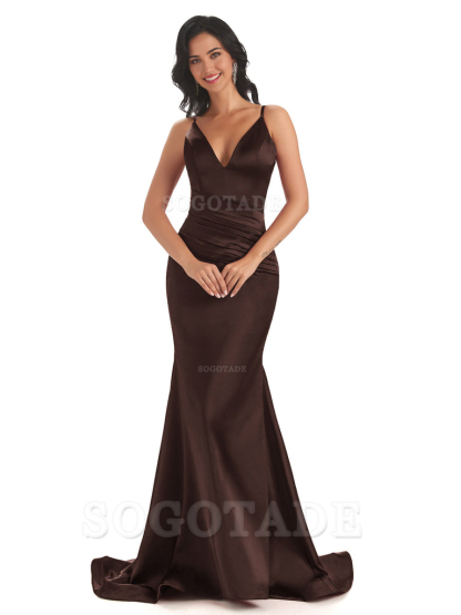 Mermaid Spaghetti V-Neck Straps Satin Long formal dresses evening gown Bridesmaid Dresses With Side Slit 