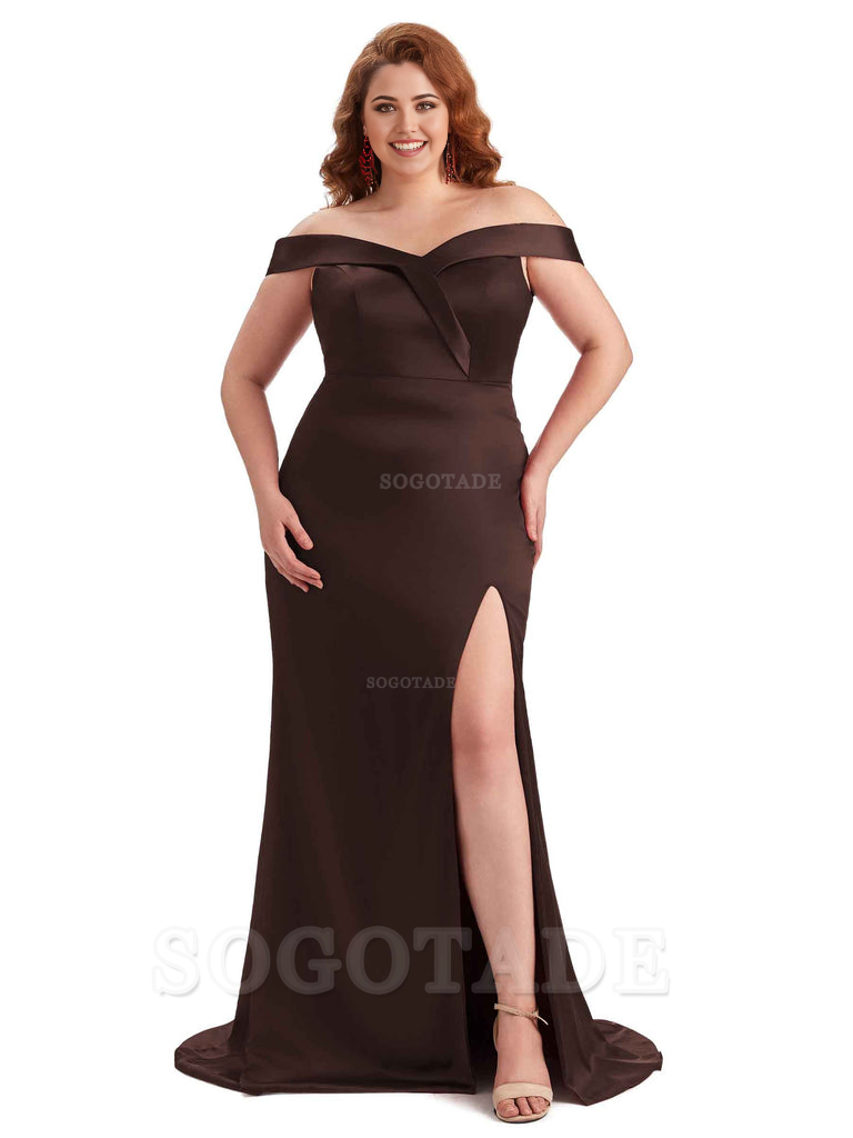 Elegant Off The Shoulder Sleeveless Side Slit Mermaid Soft Satin Long Plus Size Bridesmaid Gowns