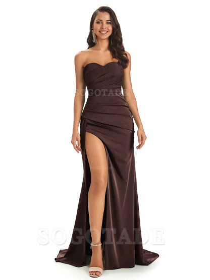 Mermaid Strapless Sweetheart Satin Long formal dresses evening gown Bridesmaid Dresses With Side Slit 