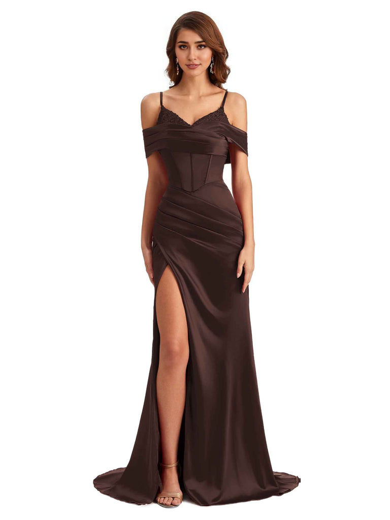  Sexy Side Slit Mermaid Silky Satin V-Neck Cold Shoulder Unique Nice Wedding Guest Dresses