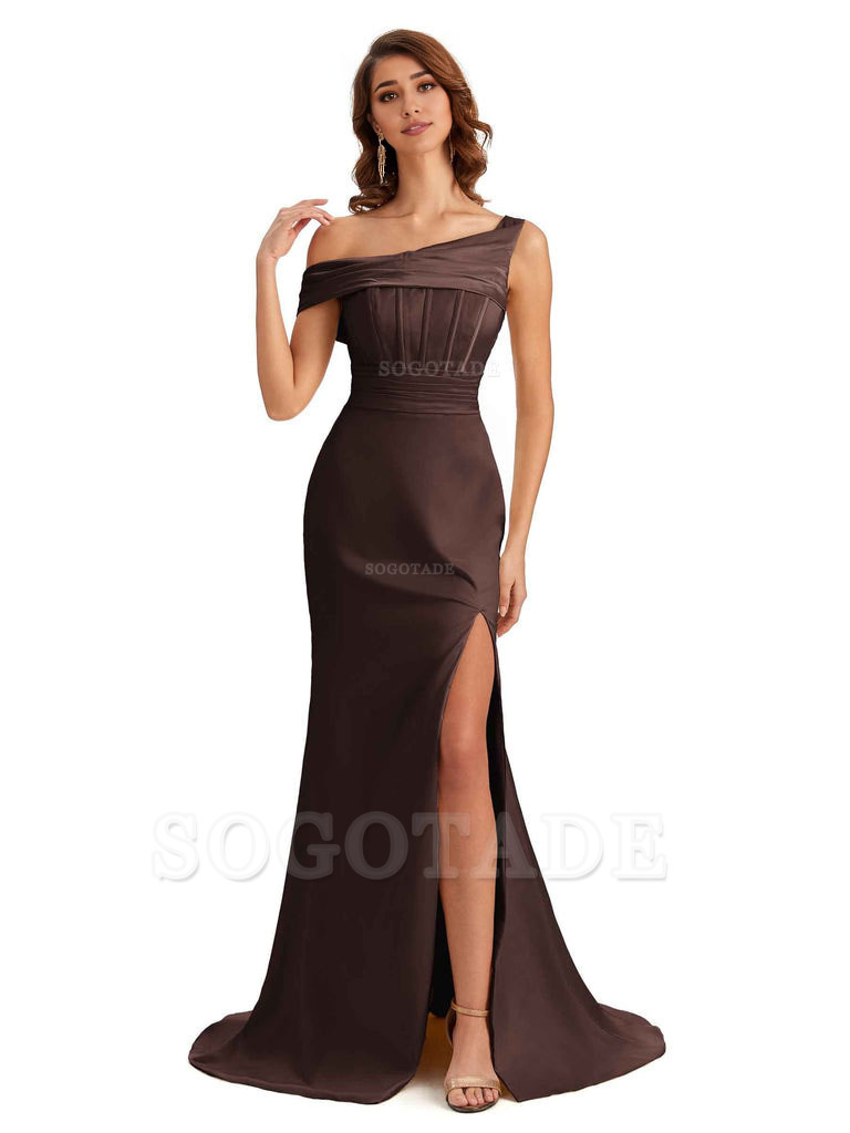 Elegant Asymmetrical Neck Soft Satin Side Slit Long Mermaid Bridesmaid Dresses