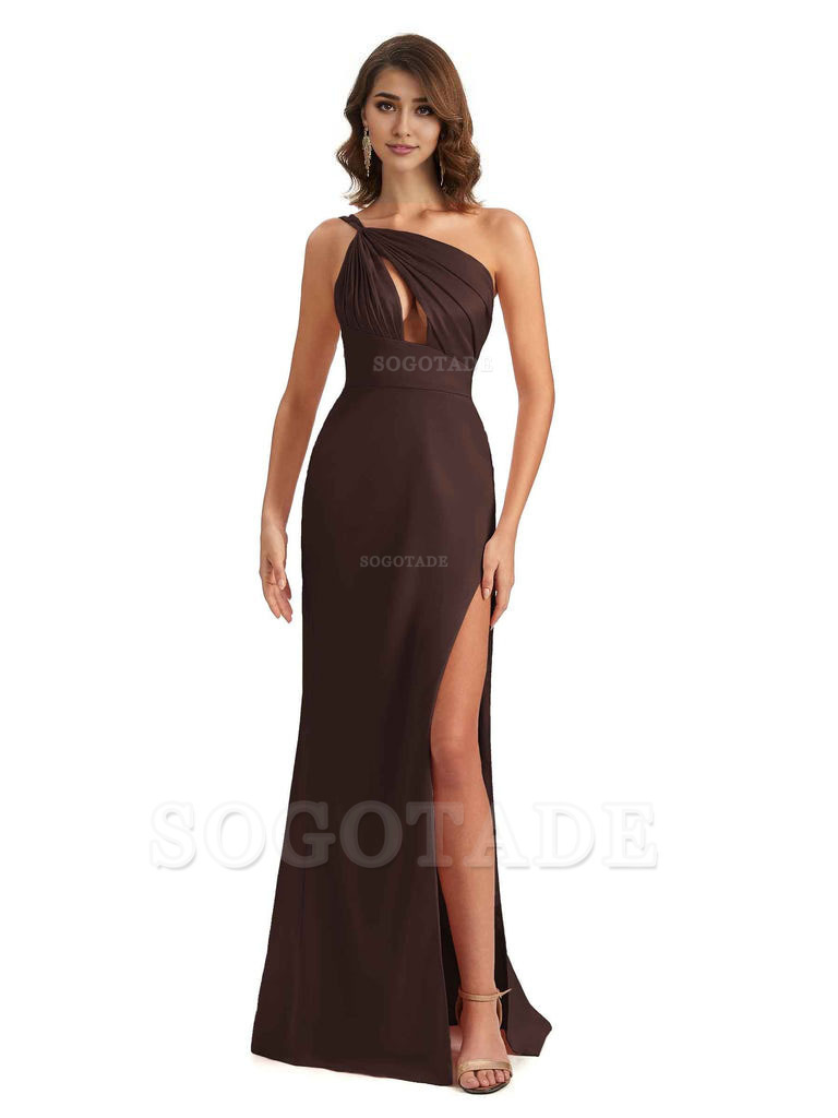 Sexy One Shoulder Silky Satin Unique Long Ladies Bridesmaid Dress For Wedding