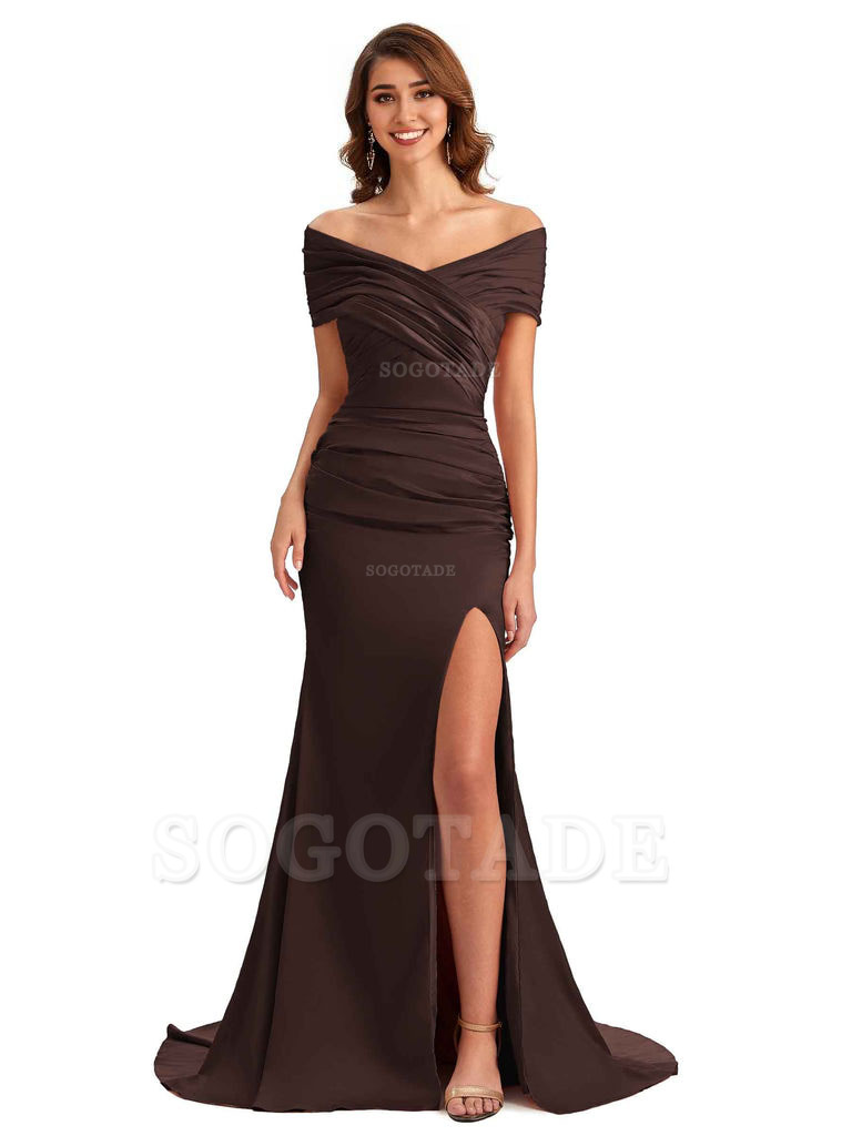 Sexy Off The Shoulder Side Slit Mermaid Satin Unique Long Formal Wedding Guest Dresses