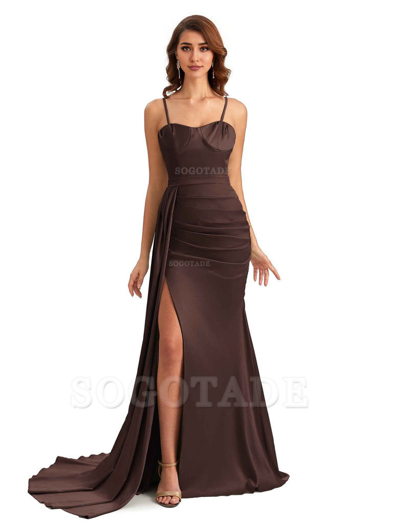 Sexy Spaghetti Straps Side Slit Mermaid Unique Long Bridesmaid Dresses In Satin