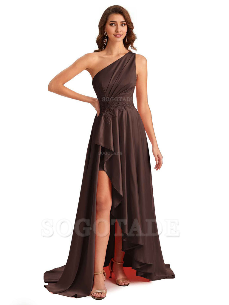 Sexy One Shoulder A-Line High Low Silky Satin Lace Long Formal Wedding Guest Dresses