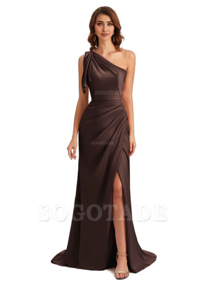 Sexy One Shoulder Mermaid Side Slit Unique Silky Satin Bridesmaid Dresses 