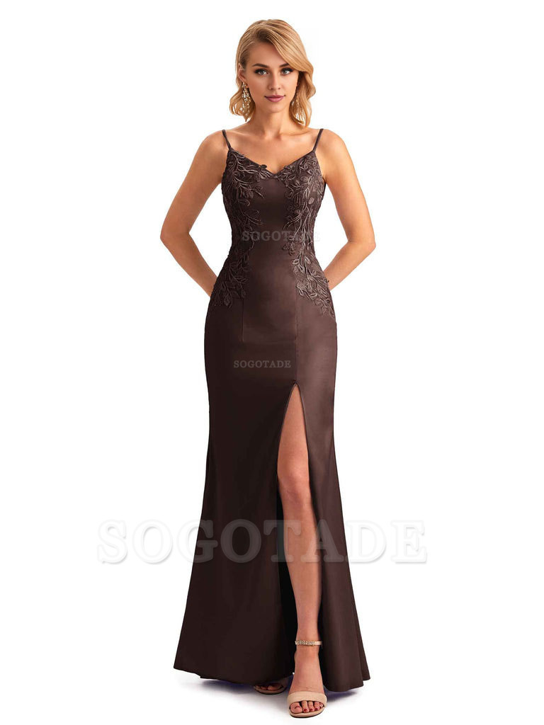 Sexy Side Split Mermaid Spaghetti Straps Soft Satin Unique Lace Long Bridesmaid Dresses