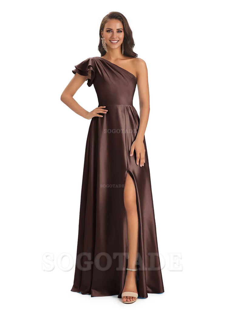 One Shoulder Sleeveless Sexy Side Hight Slit Mermaid Soft Satin Long P