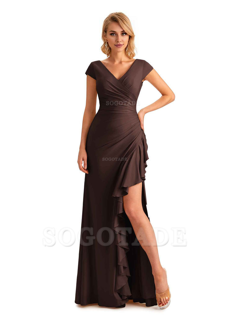 Sexy Side Slit Short Sleeves Mermaid Soft Satin Unique Long Maid Of Honor Dresses