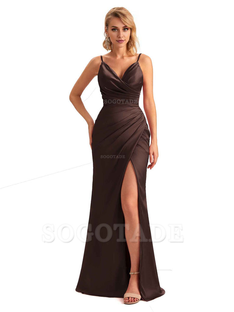 Sexy Side Slit V-Neck Mermaid Silky Satin Unique Long Formal Ladies Bridesmaid Dresses