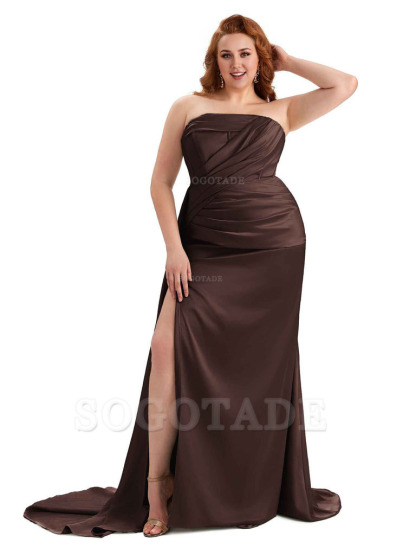 Sexy Side Slit Mermaid Soft Satin Formal Wedding Plus Size Bridesmaid Dresses